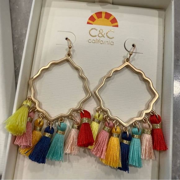 C&C California Jewelry - C&C California Gold Hoop Earrings with Multicolor Rainbow Tassels